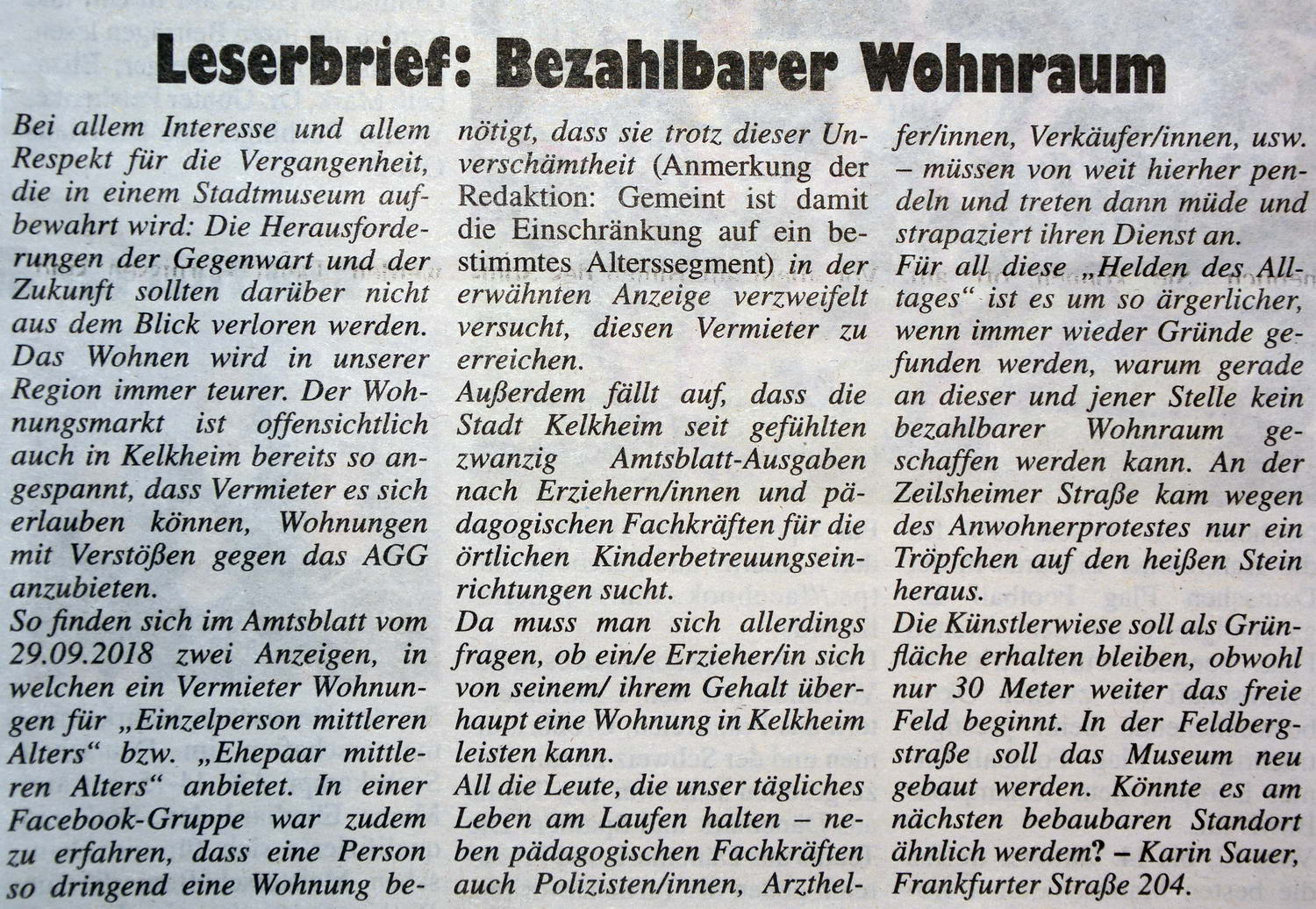 2018.10.11 KeZ Leserbrief Bezahlbarer Wohnraum