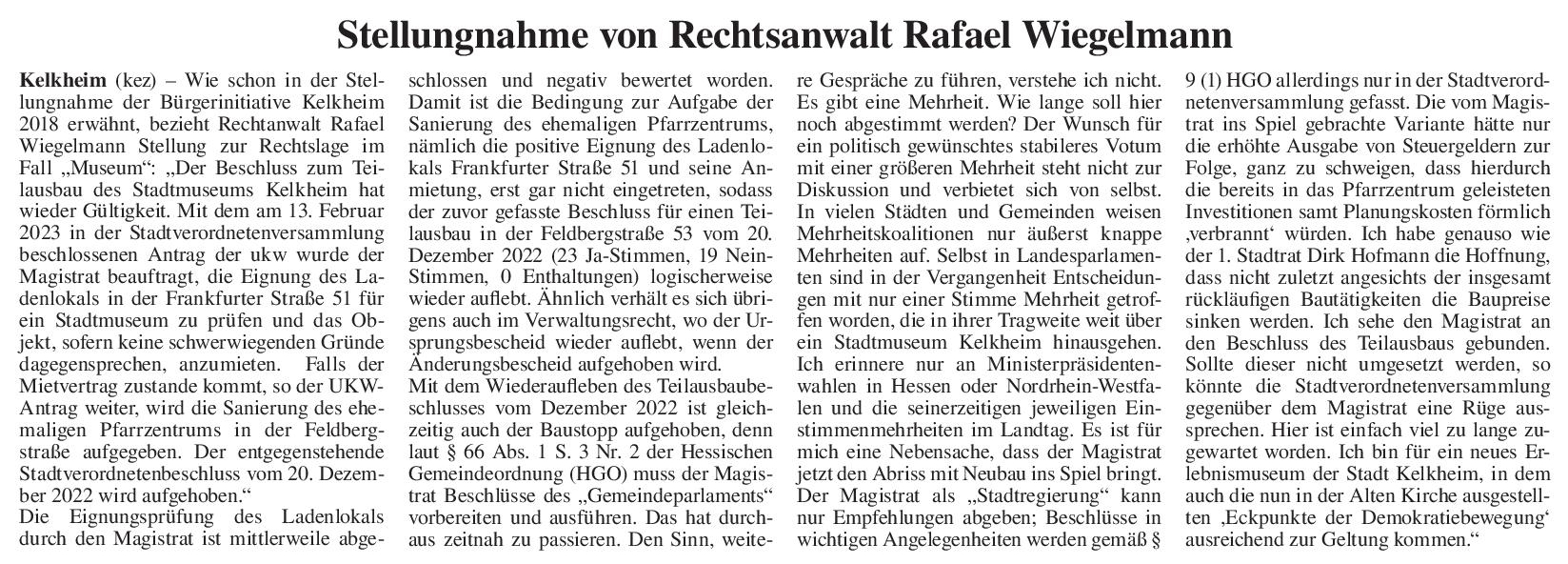 2023.06.02 KeZ Stellungnahme von Rechtsanwalt Wiegelmann zur Fortsetzung der Sanierung des ehem. Pfarrzentrums